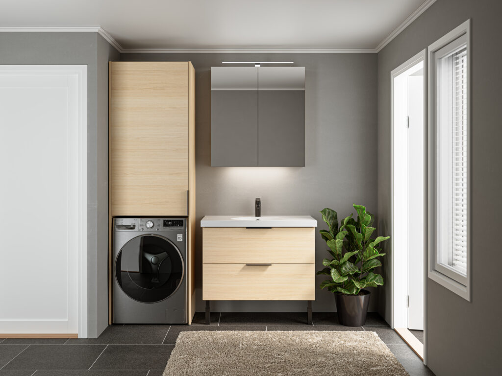 Temal Trend tvättställsskåp med Ergo Storage tvättmaskinsskåp för små badrum och tvättstugor