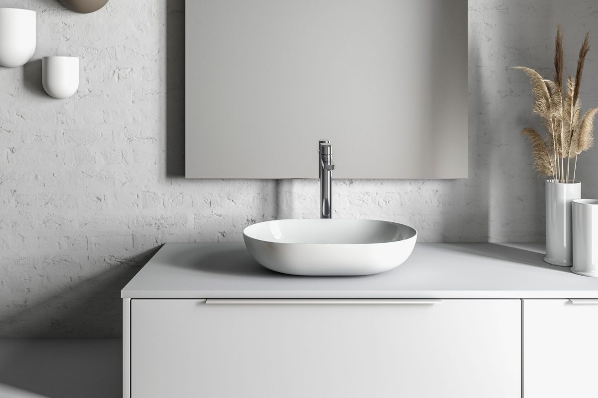 Temal kylpyhuone Design, Aatos-malja-allas, emali Temal kylpyhuone, jossa rauhallinen tunnelma, harmaa Design-kaluste, valkoinen Aatos-allas, emaliallas, upea valo,