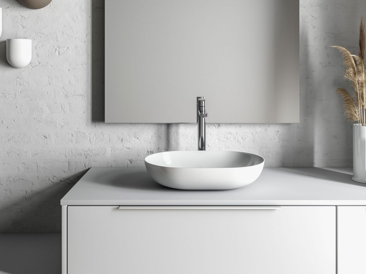 Temal kylpyhuone Design, Aatos-malja-allas, emali Temal kylpyhuone, jossa rauhallinen tunnelma, harmaa Design-kaluste, valkoinen Aatos-allas, emaliallas, upea valo,